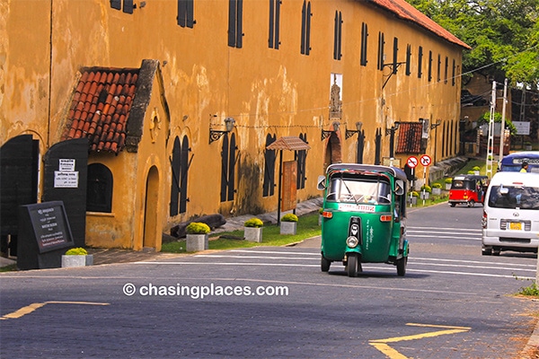 A tuk-tuk zipping along in Galle Fort