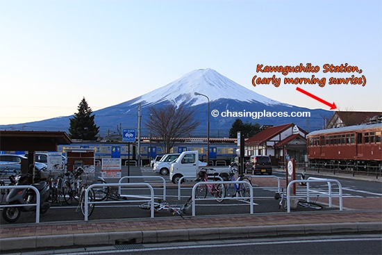 The view of Mount Fuji, looming over Kawaguchiko Station during sunrise