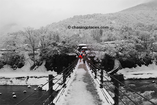 The walking bridge leading to Shirakawa-go, Japan