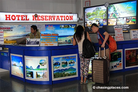 One of the booking desks at Krabi Airport for tickets to Koh Lanta