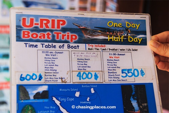 A few sample tour itineraries on Koh Phi Phi with prices
