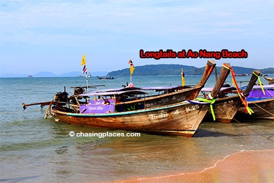 Longtails docked at Ao Nang Beach, Krabi Province Thailand