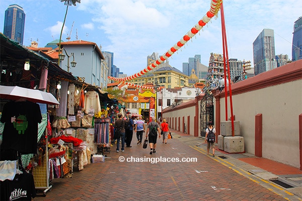 Shops to the left and spectacular temple on the right.