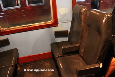 The second class seats on the train bound for Galle from Colombo