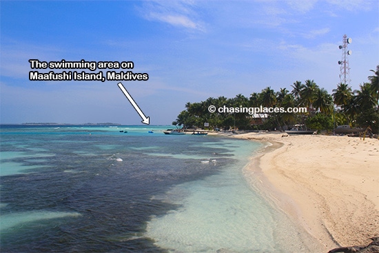 The location of the swimming area from the arrival pier