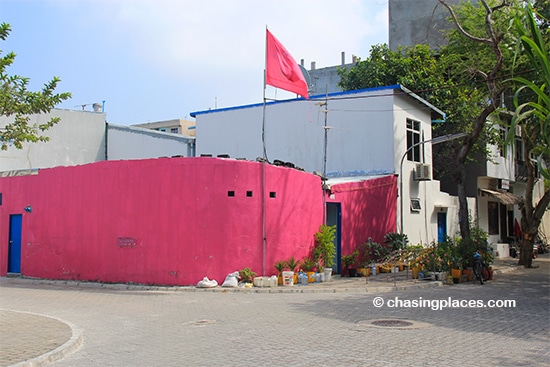 Cement walls with tiny window openings on Villingili Island