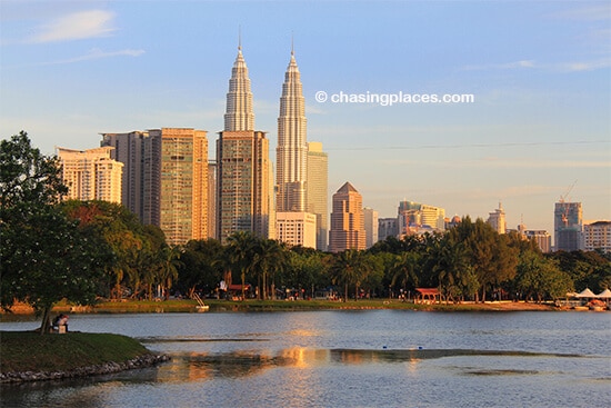 The impressive Petronas Twin Towers from Lake Titiwangsa, Kuala Lumpur