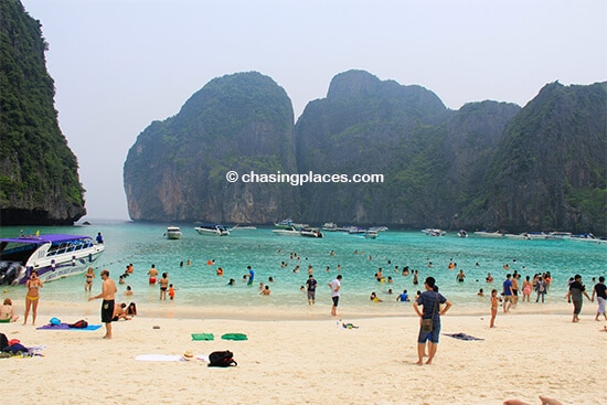 Lots of people swimming at Maya Bay