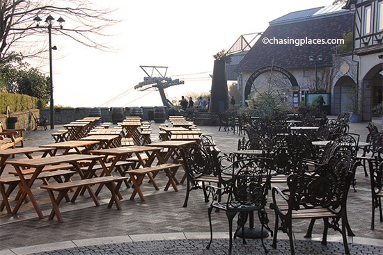 The well-kept outdoor dining area at the top of the Ropeway