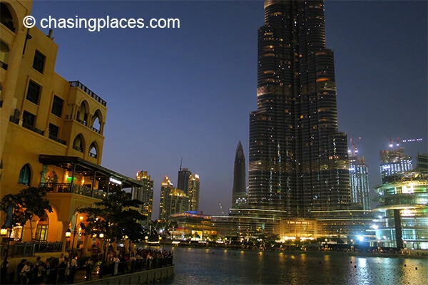 The Dubai Fountain with the Burj Khalifa in the background. 